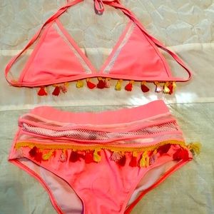 Tassel Orange Two-piece high waisted bathing suit